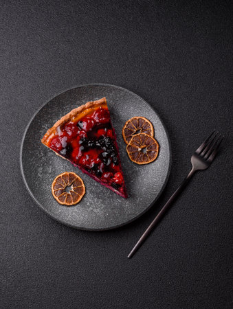 Pie, cheesecake with mascarpone, raspberries and blackberries. Cheesecake with cream, cheese, berries for a festive tableの写真素材