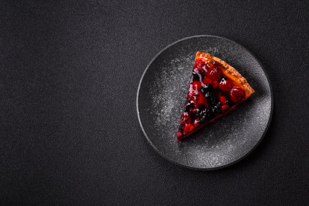 Pie, cheesecake with mascarpone, raspberries and blackberries. Cheesecake with cream, cheese, berries for a festive tableの写真素材