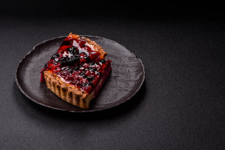 Pie, cheesecake with mascarpone, raspberries and blackberries. Cheesecake with cream, cheese, berries for a festive tableの写真素材