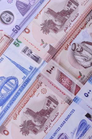 UAE money, dirham, paper banknotes, cash. Emirates money for doing business, travellingの写真素材