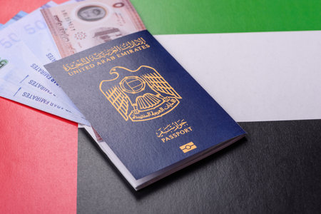 OAE passport for traveling, flying and doing business. Arabic document, id for crossing the borderの写真素材