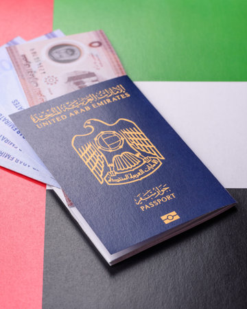 OAE passport for traveling, flying and doing business. Arabic document, id for crossing the borderの写真素材