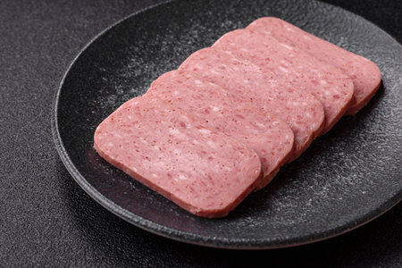 Food, meat, ham sliced in slices for the festive table. Ham with spices, fresh healthy foodの写真素材