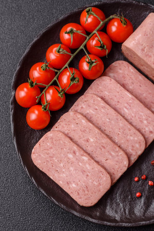 Food, meat, ham sliced in slices for the festive table. Ham with spices, fresh healthy foodの写真素材