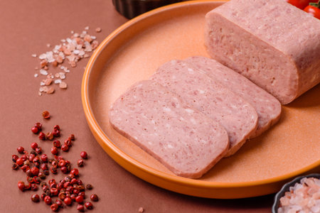Food, meat, ham sliced in slices for the festive table. Ham with spices, fresh healthy food