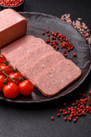Food, meat, ham sliced in slices for the festive table. Ham with spices, fresh healthy food