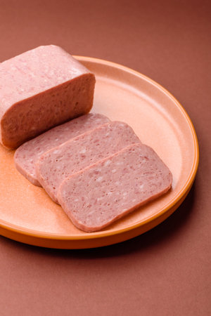 Food, meat, ham sliced in slices for the festive table. Ham with spices, fresh healthy foodの写真素材