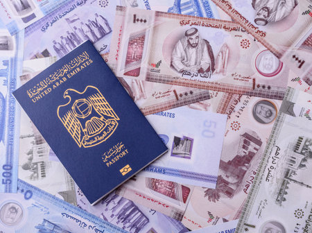 OAE passport for traveling, flying and doing business. Arabic document, id for crossing the borderの写真素材