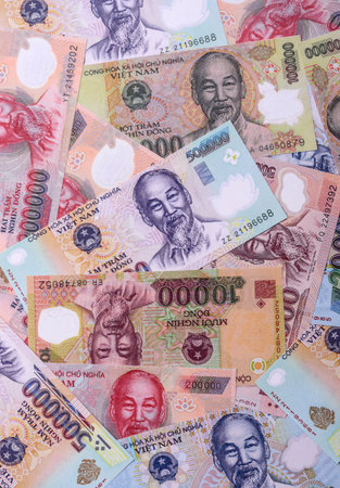 Vietnam money, dong, paper banknotes, cash. Vietnamese money for doing business, travelingの写真素材