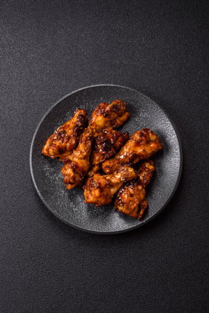 Grilled or barbecued chicken wings with teriyaki sauce, spices and sesame seeds. Teriyaki chicken with salt and spices on a dark backgroundの写真素材