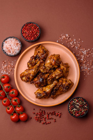 Grilled or barbecued chicken wings with teriyaki sauce, spices and sesame seeds. Teriyaki chicken with salt and spices on a dark backgroundの写真素材