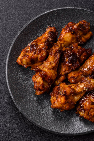 Grilled or barbecued chicken wings with teriyaki sauce, spices and sesame seeds. Teriyaki chicken...