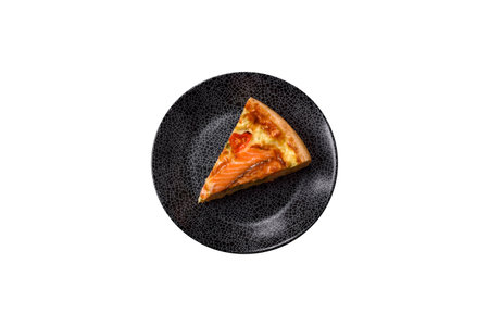 Quiche, salmon pie, broccoli, cheese. Quiche tart with fish and vegetables, cheese, salt and spices, healthy foodの写真素材