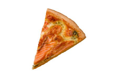 Quiche, salmon pie, broccoli, cheese. Quiche tart with fish and vegetables, cheese, salt and spices, healthy foodの写真素材