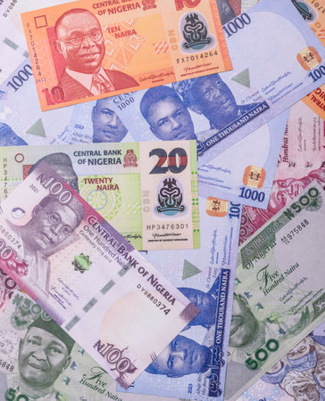 Nigeria money, naira, paper banknotes, cash. Nigerian money for doing business, travelingの写真素材
