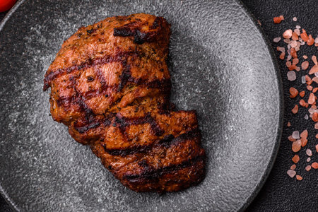 Meat, juicy beef steak grilled cooked to perfection for lunch. Barbecue steak, meat for a hearty mealの写真素材