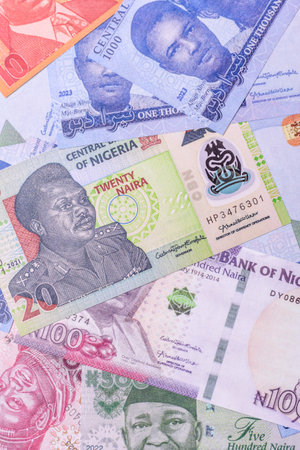 Nigeria money, naira, paper banknotes, cash. Nigerian money for doing business, travelingの写真素材