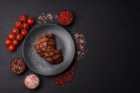 Meat, juicy beef steak grilled cooked to perfection for lunch. Barbecue steak, meat for a hearty mealの写真素材