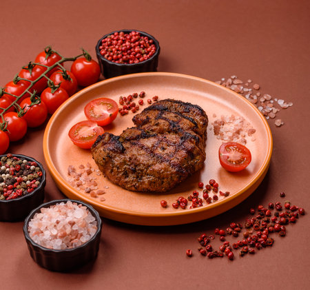 Meat, juicy beef steak grilled cooked to perfection for lunch. Barbecue steak, meat for a hearty mealの写真素材