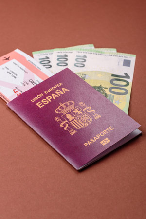 Spain passport for traveling, flying and doing business. Spanish document, id for crossing the borderの写真素材