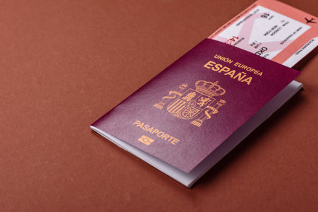 Spain passport for traveling, flying and doing business. Spanish document, id for crossing the borderの写真素材