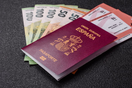 Spain passport for traveling, flying and doing business. Spanish document, id for crossing the borderの写真素材