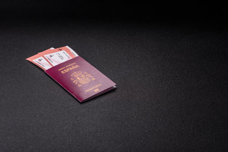 Spain passport for traveling, flying and doing business. Spanish document, id for crossing the borderの写真素材