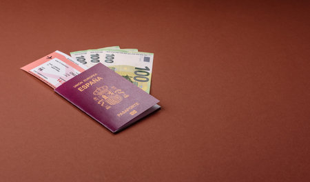 Spain passport for traveling, flying and doing business. Spanish document, id for crossing the borderの写真素材