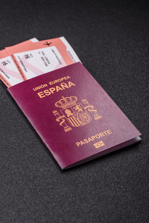 Spain passport for traveling, flying and doing business. Spanish document, id for crossing the borderの写真素材