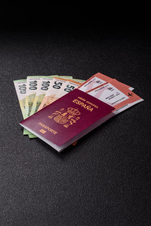 Spain passport for traveling, flying and doing business. Spanish document, id for crossing the borderの写真素材