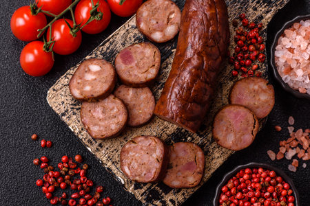 Homemade meat or vegan sausage grilled with salt spices and herbs on dark concrete background. Homemade sausage cooked on barbecueの写真素材