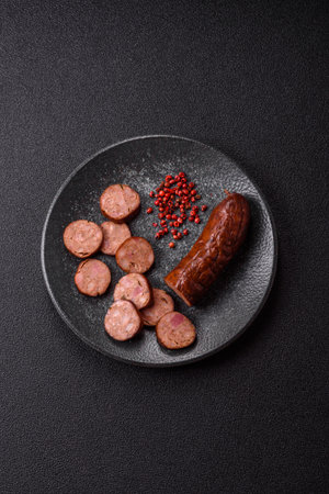 Homemade meat or vegan sausage grilled with salt spices and herbs on dark concrete background. Homemade sausage cooked on barbecueの写真素材
