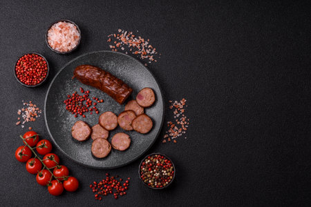 Homemade meat or vegan sausage grilled with salt spices and herbs on dark concrete background....