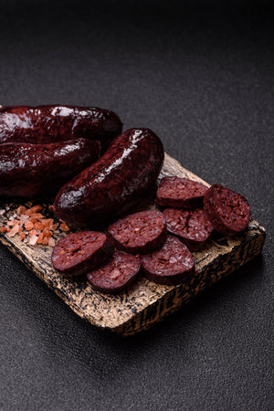 Blood sausage, pudding, meat food with lard and spices. Blood sausage cooked on the grill for dinnerの写真素材