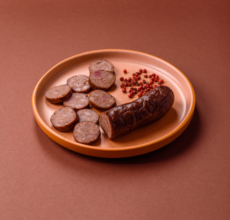 Homemade meat or vegan sausage grilled with salt spices and herbs on dark concrete background. Homemade sausage cooked on barbecueの写真素材