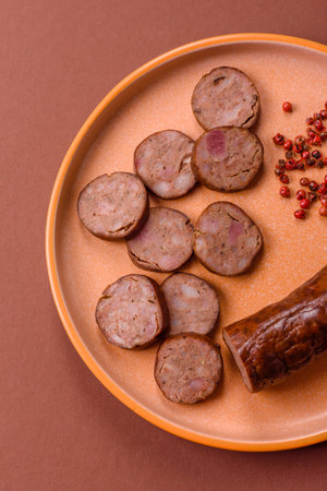 Homemade meat or vegan sausage grilled with salt spices and herbs on dark concrete background. Homemade sausage cooked on barbecueの写真素材