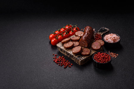 Homemade meat or vegan sausage grilled with salt spices and herbs on dark concrete background. Homemade sausage cooked on barbecueの写真素材