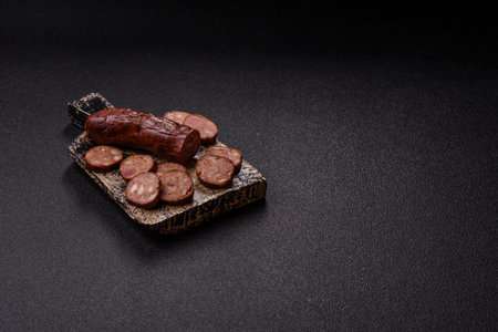 Homemade meat or vegan sausage grilled with salt spices and herbs on dark concrete background. Homemade sausage cooked on barbecueの写真素材