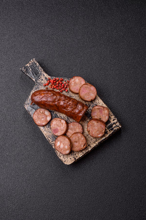Homemade meat or vegan sausage grilled with salt spices and herbs on dark concrete background. Homemade sausage cooked on barbecueの写真素材