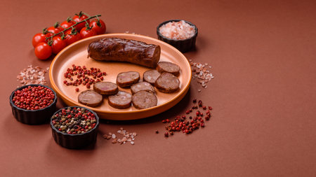 Homemade meat or vegan sausage grilled with salt spices and herbs on dark concrete background....