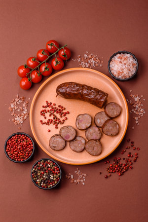 Homemade meat or vegan sausage grilled with salt spices and herbs on dark concrete background. Homemade sausage cooked on barbecueの写真素材