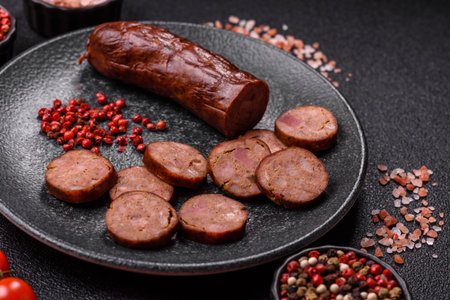 Homemade meat or vegan sausage grilled with salt spices and herbs on dark concrete background. Homemade sausage cooked on barbecueの写真素材