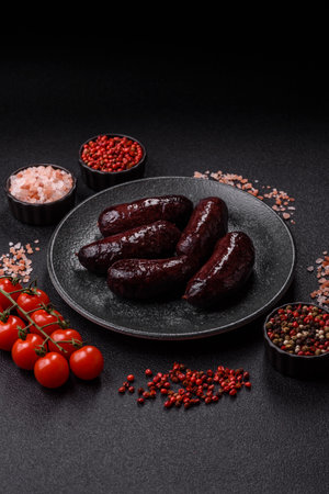 Blood sausage, pudding, meat food with lard and spices. Blood sausage cooked on the grill for dinnerの写真素材