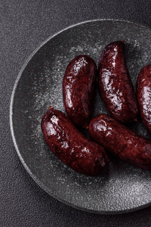Blood sausage, pudding, meat food with lard and spices. Blood sausage cooked on the grill for dinnerの写真素材