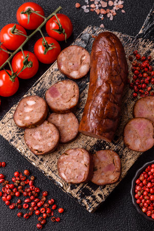 Homemade meat or vegan sausage grilled with salt spices and herbs on dark concrete background. Homemade sausage cooked on barbecueの写真素材