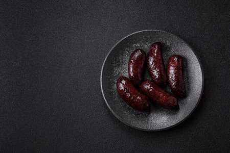 Blood sausage, pudding, meat food with lard and spices. Blood sausage cooked on the grill for dinnerの写真素材