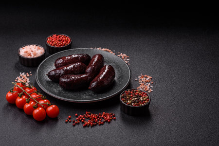 Blood sausage, pudding, meat food with lard and spices. Blood sausage cooked on the grill for dinnerの写真素材