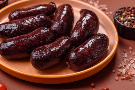 Blood sausage, pudding, meat food with lard and spices. Blood sausage cooked on the grill for dinnerの写真素材
