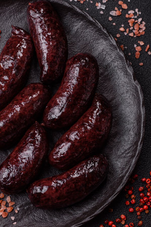 Blood sausage, pudding, meat food with lard and spices. Blood sausage cooked on the grill for dinnerの写真素材