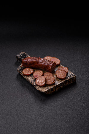 Homemade meat or vegan sausage grilled with salt spices and herbs on dark concrete background. Homemade sausage cooked on barbecueの写真素材